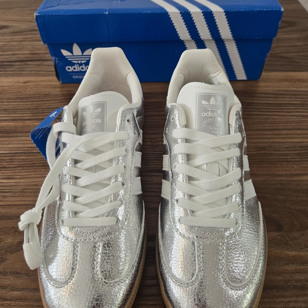 adidas Silver Metallic Leather Sneakers with Gum Sole - Picture 6 of 12